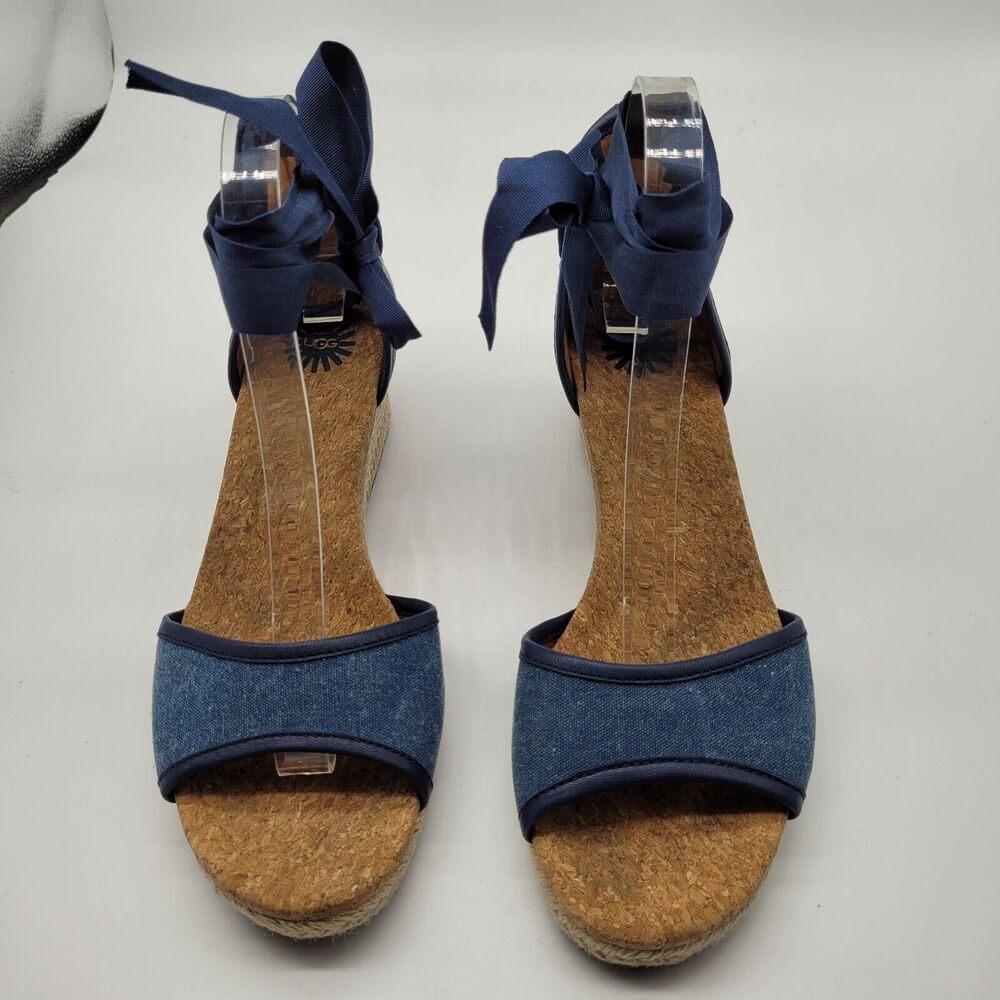 UGG Amell Womens Size 9 Blue Canvas Jute wrapped Ribbon Ankle tie Sandals Shoes - Picture 2 of 8